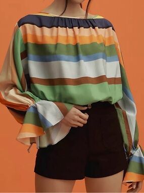 Hope for Flowers Tracy Reese Striped Bell-Sleeve Blouse - Green Multi